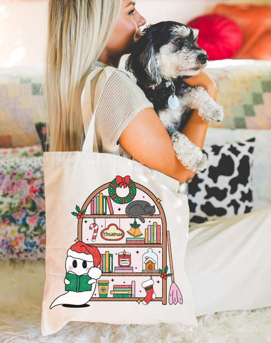 Christmas Book Shelf Tote Bag